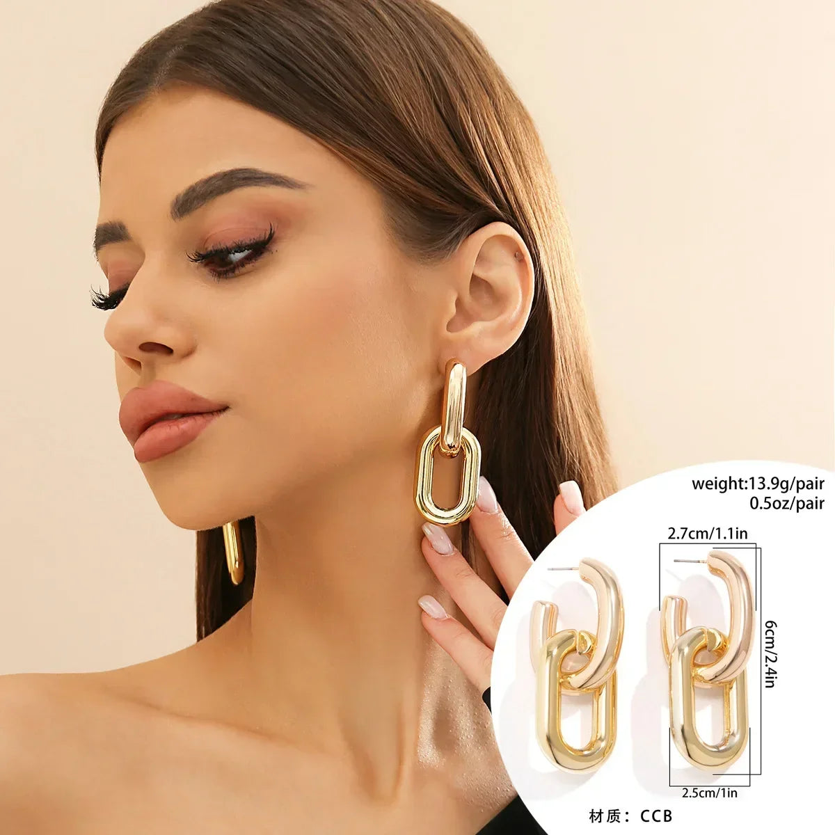 Gold hoop earrings worn by a model with product details on a beige background