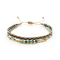 Multistrand bracelet with turquoise beads and gold accents on a white background